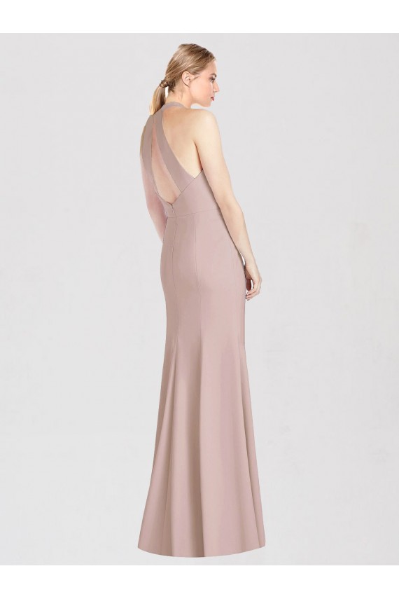 Affordable Stretch Crepe Dusty Pink Trumpet Halter Neck Long Semi Formal Evening Dress UK