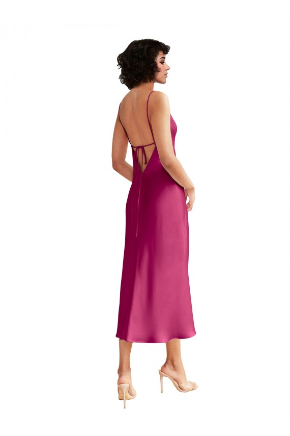 Affordable Stretch Satin Fuchsia A-Line V-Neck Midi Length Evening Dress UK