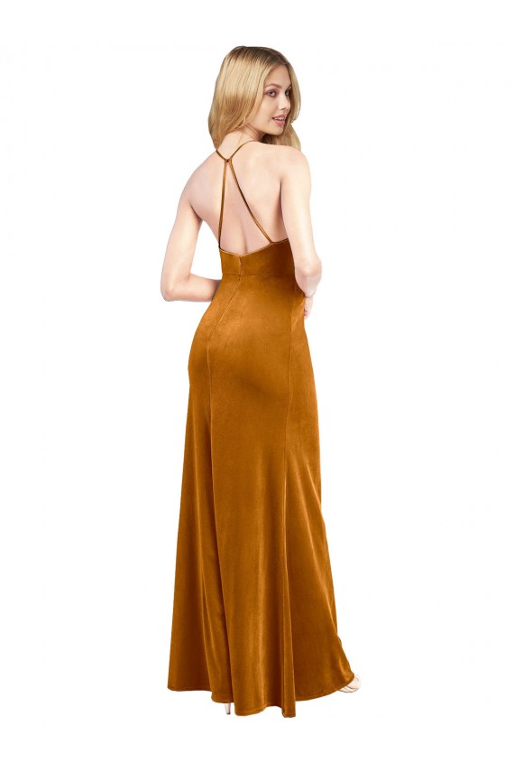 Affordable Stretch Velvet Gold A-Line Halter Neck Long Evening Dress UK