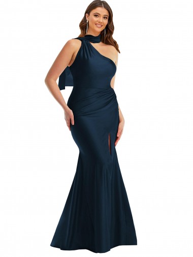 Affordable Silky Satin Dark Navy Mermaid One Shoulder Long Plus Size Evening Dress UK