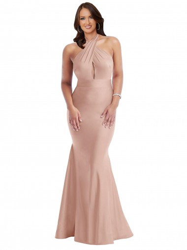 Affordable Silky Satin Dusty Pink Mermaid Halter Neck Long Plus Size Evening Dress UK