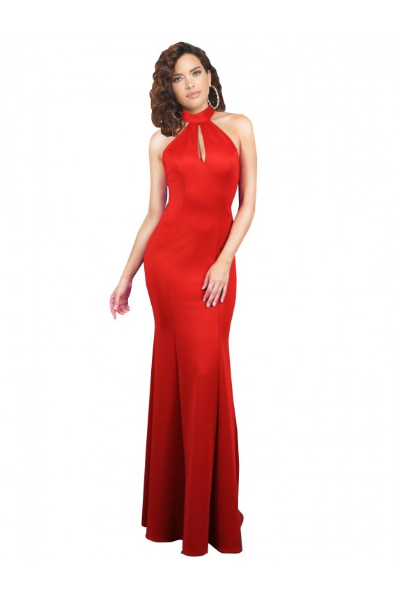 Affordable Stretch Satin Red Mermaid Halter Neck Long Evening Dress UK