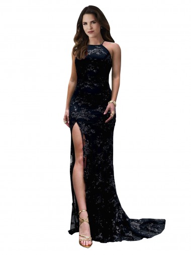 Affordable Lace Black Mermaid High Neck Long Sexy Evening Dress UK