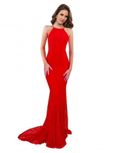 Affordable Lace Red Mermaid High Neck Long Sexy Evening Dress UK