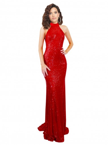 Affordable Sequin Red Mermaid Halter Neck Long Evening Dress UK