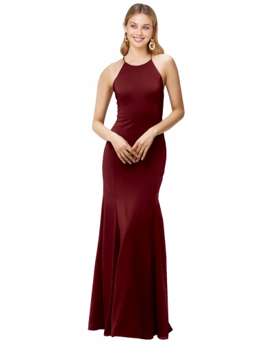 Affordable Stretch Crepe Burgundy Gold Mermaid Halter Neck Long Wedding Party Dress UK