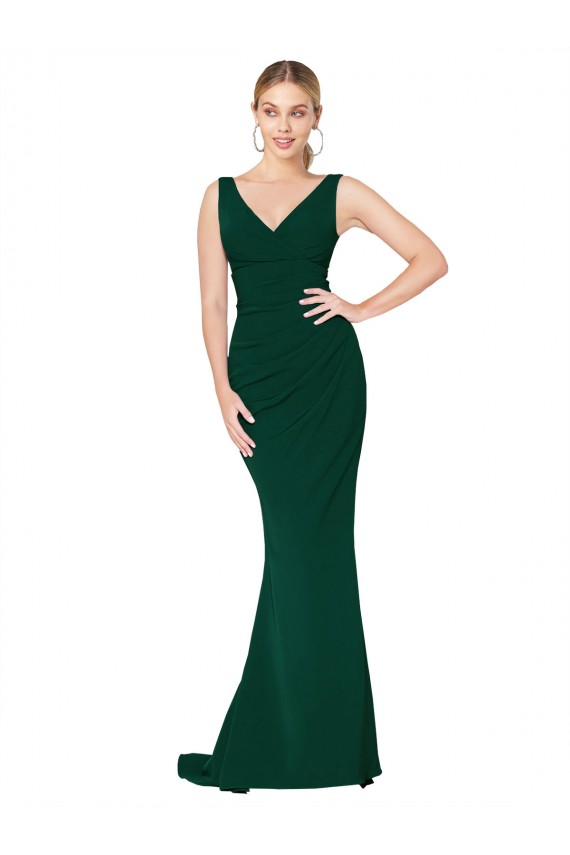 Affordable Stretch Crepe Midnight Green Mermaid V-Neck Long Evening Dress UK