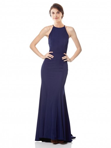 Affordable Stretch Crepe Navy Blue Mermaid Halter Neck Long Sleeveless Evening Dress UK