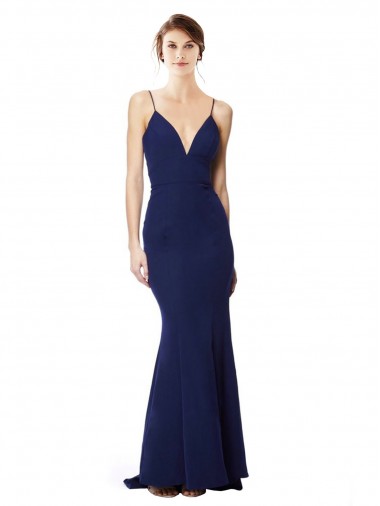 Affordable Stretch Crepe Navy Blue Mermaid Spaghetti Straps Long Maxi Evening Dress UK