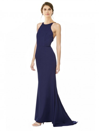 Affordable Stretch Crepe Navy Blue Mermaid Halter Neck Long Evening Dress UK