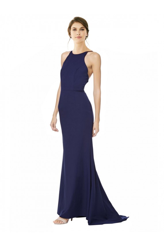 Affordable Stretch Crepe Navy Blue Mermaid Halter Neck Long Evening Dress UK