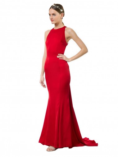 Affordable Stretch Crepe Red Mermaid Halter Neck Long Maxi Evening Dress UK