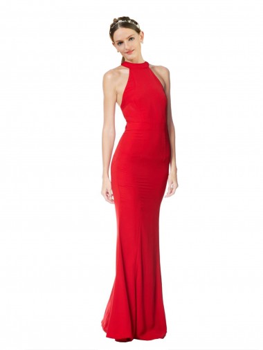 Affordable Stretch Crepe Red Mermaid Halter Neck Long Maxi Evening Dresses UK