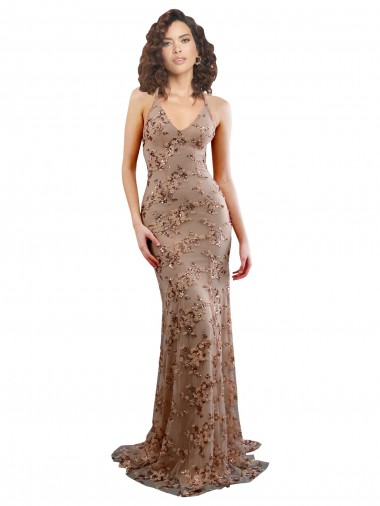 Affordable Stretch Crepe & Sequin Tulle Rose Gold Mermaid V-Neck Long Evening Dress UK