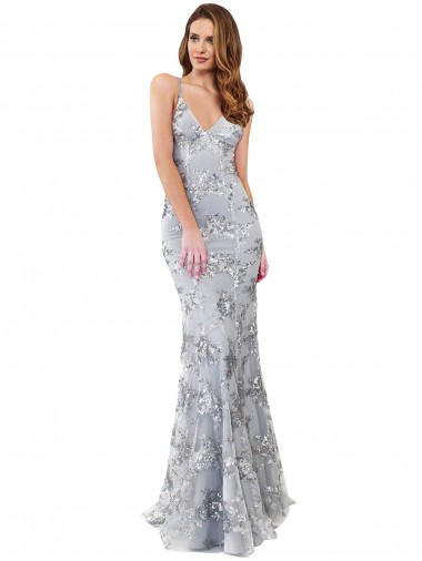 Affordable Stretch Crepe & Sequin Tulle Silver Mermaid V-Neck Long Evening Dress UK