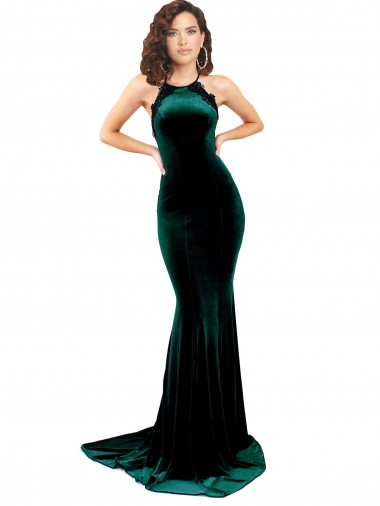 Affordable Stretch Velvet Dark Green Mermaid High Neck Sweep Train Evening Dress UK