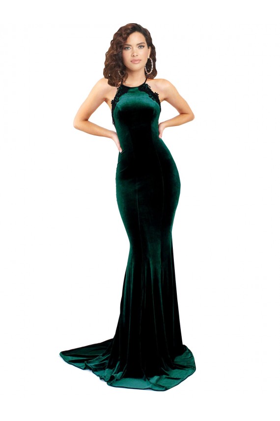 Affordable Stretch Velvet Dark Green Mermaid High Neck Sweep Train Evening Dress UK