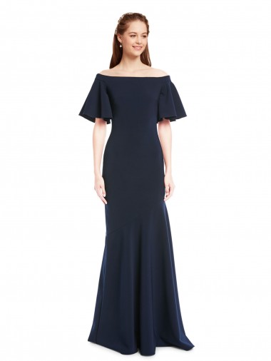 Affordable Stretch Crepe Dark Navy Mermaid Off the Shoulder Long Short Sleeves Evening Dress UK