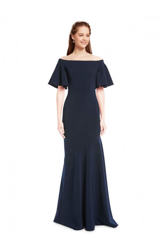 Affordable Stretch Crepe Dark Navy Mermaid Off the Shoulder Long Short Sleeves Evening Dress UK