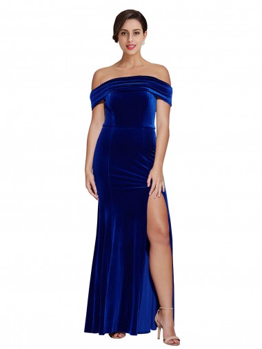 Affordable Stretch Velvet Royal Blue Mermaid Off the Shoulder Long Evening Dress UK