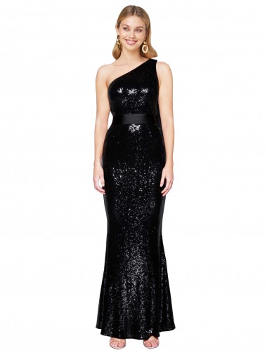 Affordable Sequin Black Mermaid One Shoulder Long Evening Dress UK