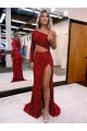 Affordable Velvet Sequin Burgundy Mermaid One Shoulder Sweep Train High Slit Evening Dress UK