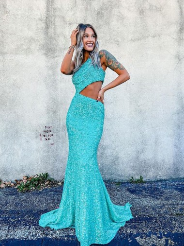 Affordable Velvet Sequin Mermaid One Shoulder Sweep Train Evening Dress UK