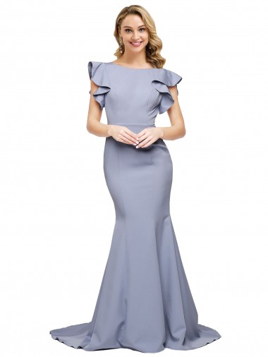 Affordable Stretch Crepe Smoke Blue Mermaid Round Neck Sweep Train Evening Dress UK