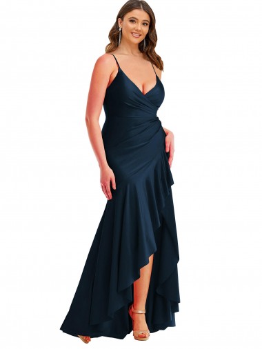 Affordable Silky Satin Dark Navy Mermaid Spaghetti Straps Long Plus Size Wedding Party Dress UK