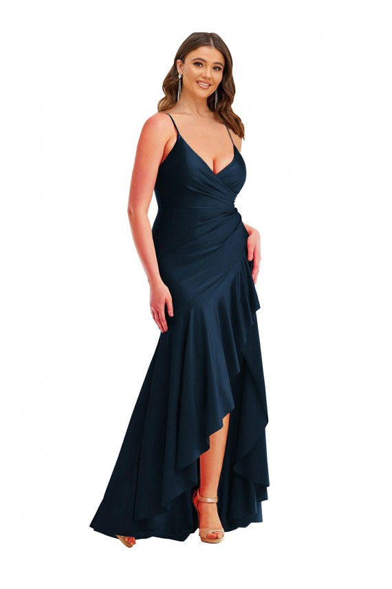 Affordable Silky Satin Dark Navy Mermaid Spaghetti Straps Long Plus Size Wedding Party Dress UK