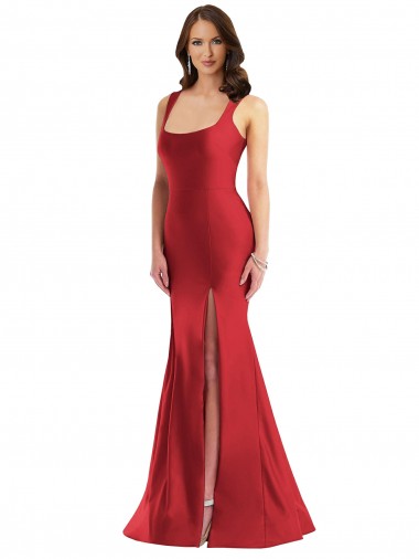 Affordable Silky Satin Red Mermaid Square Neck Long Plus Size Evening Dress UK