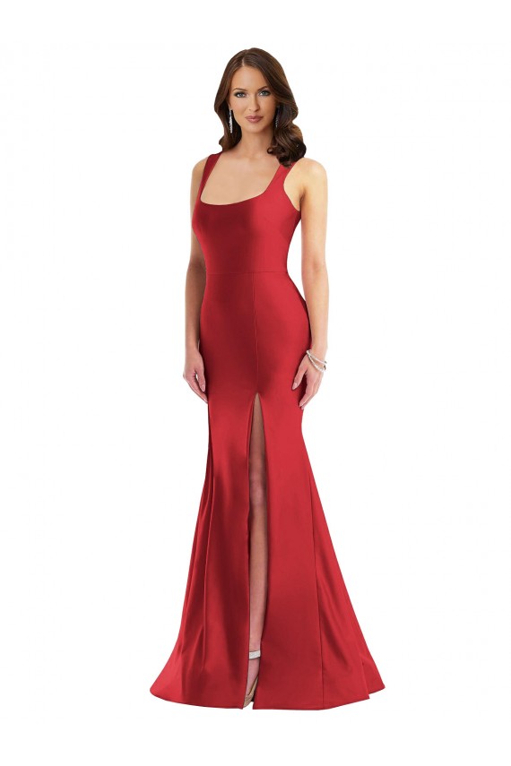 Affordable Silky Satin Red Mermaid Square Neck Long Plus Size Evening Dress UK