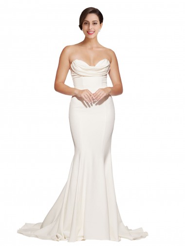 Affordable Stretch Satin Ivory Mermaid Cowl Neck Sweep Train Evening Dress UK