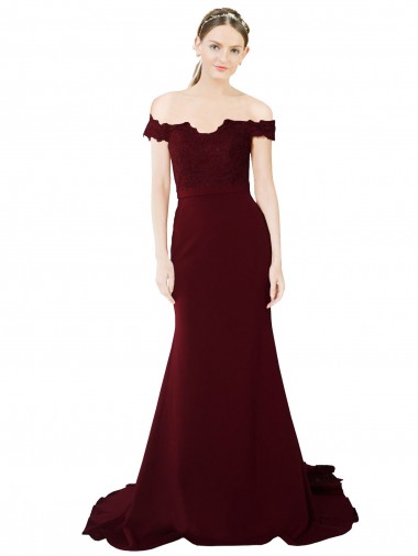 Affordable Stretch Crepe & Lace Burgundy Gold Mermaid Off the Shoulder Sweep Train Evening Dress UK