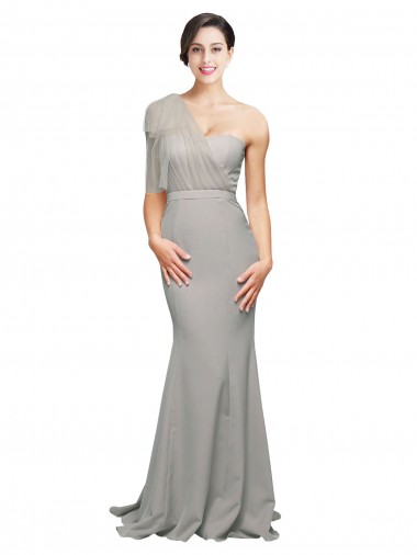 Affordable Stretch Crepe & Tulle Oyster Silver Mermaid One Shoulder Sweep Train Evening Dress UK