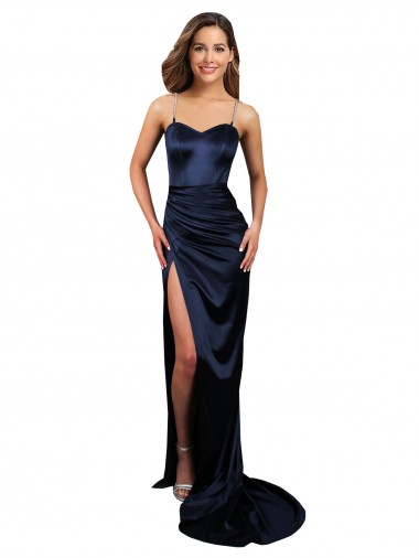 Affordable Stretch Satin Dark Navy Mermaid Sweetheart Long Sexy Evening Dress UK