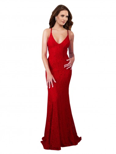 Affordable Lace Red Mermaid V-Neck Long Evening Dress UK