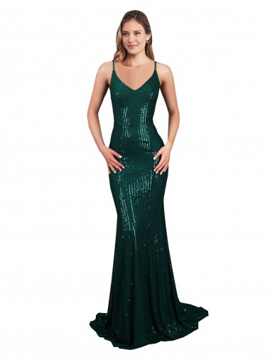 Affordable Sequin Dark Green Mermaid V-Neck Long Sexy Evening Dress UK