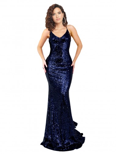 Affordable Sequin Dark Navy Mermaid V-Neck Long Sexy Evening Dress UK