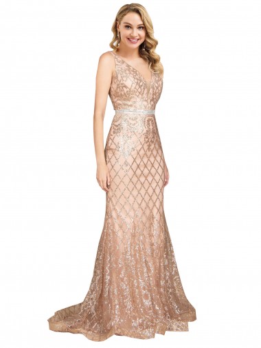 Affordable Sparkling Sequin Rose Gold Mermaid V-Neck Long Plus Size Evening Dress UK