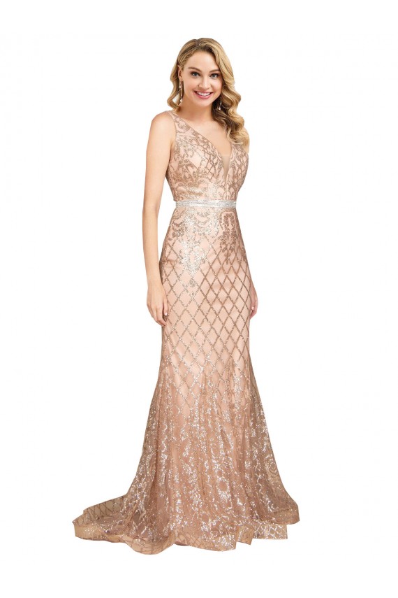 Affordable Sparkling Sequin Rose Gold Mermaid V-Neck Long Plus Size Evening Dress UK