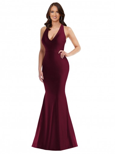 Affordable Silky Satin Burgundy Mermaid V-Neck Long Sexy Plus Size Evening Dress UK