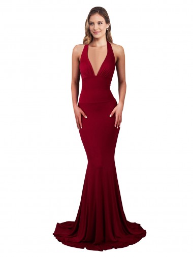 Affordable Spandex Burgundy Mermaid Halter Neck Long Sexy Evening Dress UK