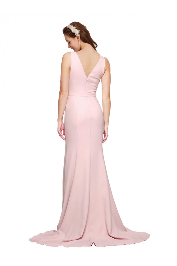 Affordable Stretch Crepe Pink A-Line V-Neck Sweep Train Semi Formal Evening Gown UK