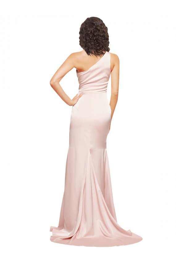 Affordable Silky Satin Pink Sheath One Shoulder Long Sexy Evening Dress UK