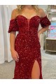 Affordable Velvet Sequin Red Sheath Off the Shoulder Court Train Long Evening Dress UK