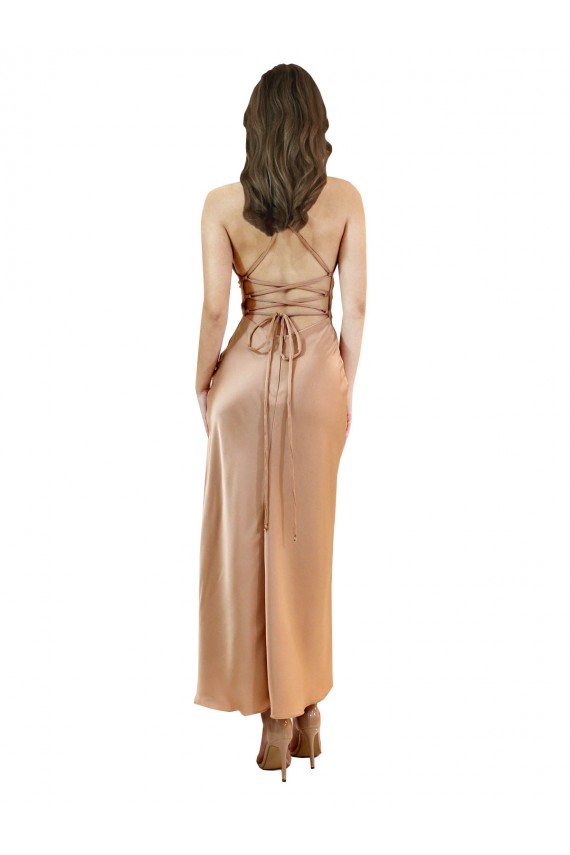 Affordable Silky Satin Rose Gold Sheath Cowl Neck Midi Length Evening Dress UK