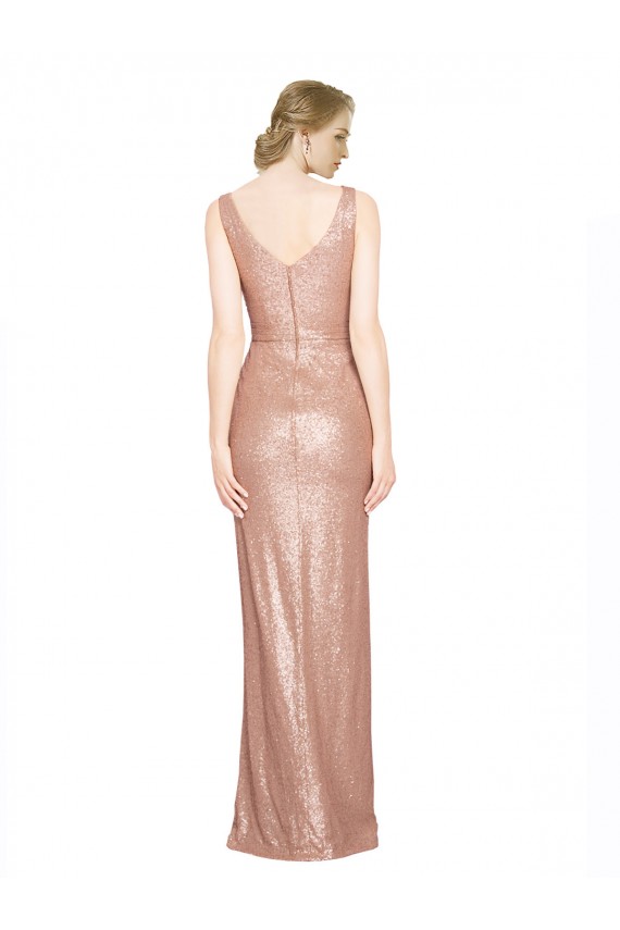 Affordable Sequin Rose Gold Sheath V-Neck Long Sleeveless Evening Dress UK