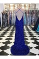 Affordable Velvet Sequin Royal Blue Sheath V-Neck Sweep Train Evening Dress UK