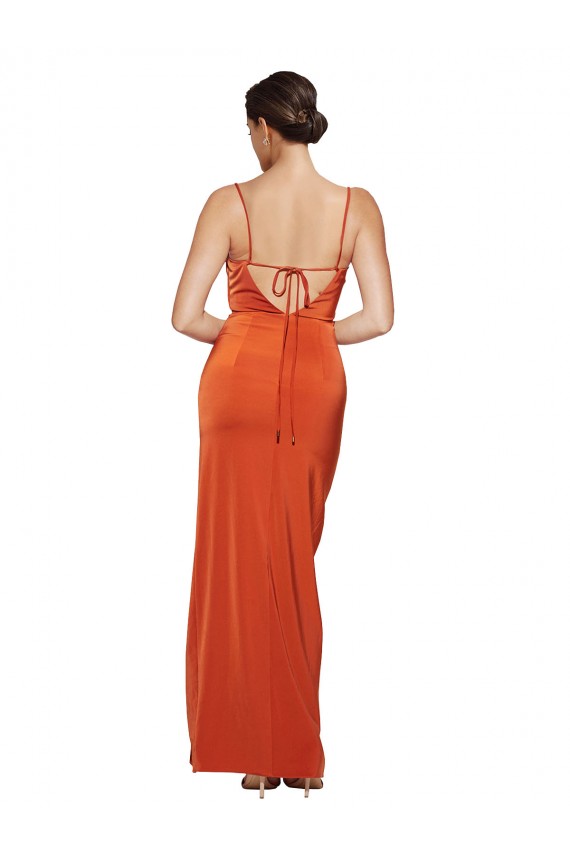 Affordable Stretch Satin Rust Sheath Spaghetti Straps Sweep Train Evening Dress UK